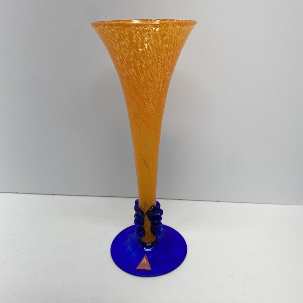Ajeto Orange Blue Handcrafted Blown Vase Signed Czech 9" Speckled Vintage